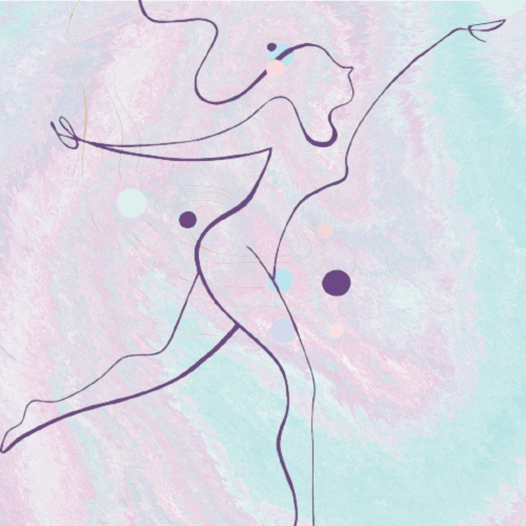 Logo per consulenza d'immagine. In primo piano si trova la sagoma di una donna che balla, con un braccio alzato. Lo sfondo è un mix di viola e azzurro.