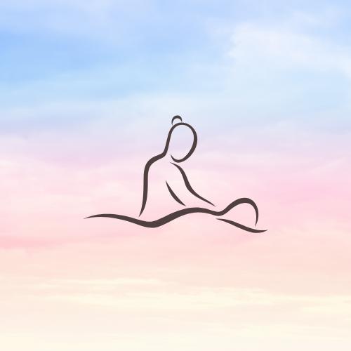 Logo per massaggi. In primo piano si trovano due persone, una sdraita e una in piedi che massaggia la schiena dell'altra. Lo sfondo è un mix di viola, rosa, azzurro e celeste.