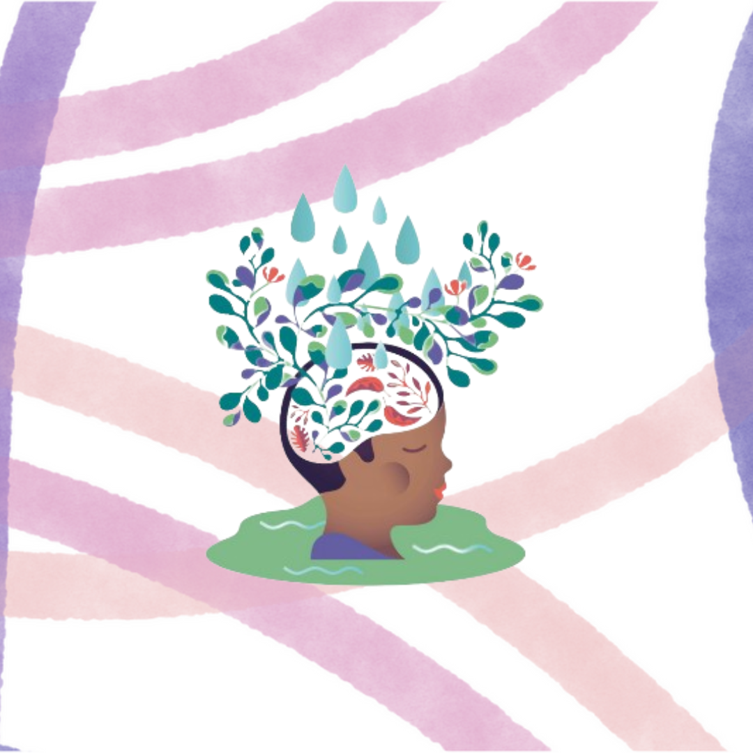 Logo di neuropsicologia. In primo piano si trova una testa con delle foglie dentro e dei rami che crescono verso fuori con delle foglie verdi e lilla. In secondo piano ci sono delle linee curve lilla, rosa e viola.