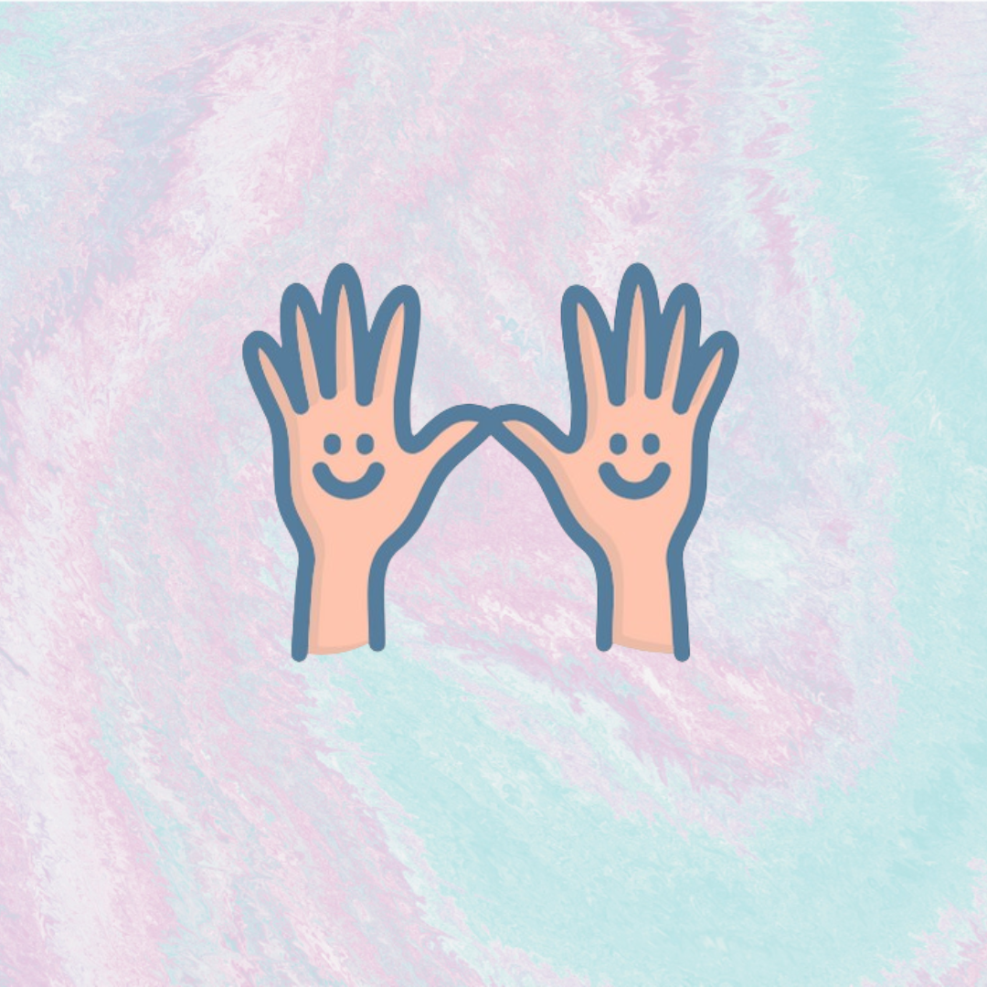 Logo di neuropsicomotricità. In primo si trovano delle mani con delle faccine sorridenti disegnate sui palmi. Lo sfondo è un mix di viola e azzurro.