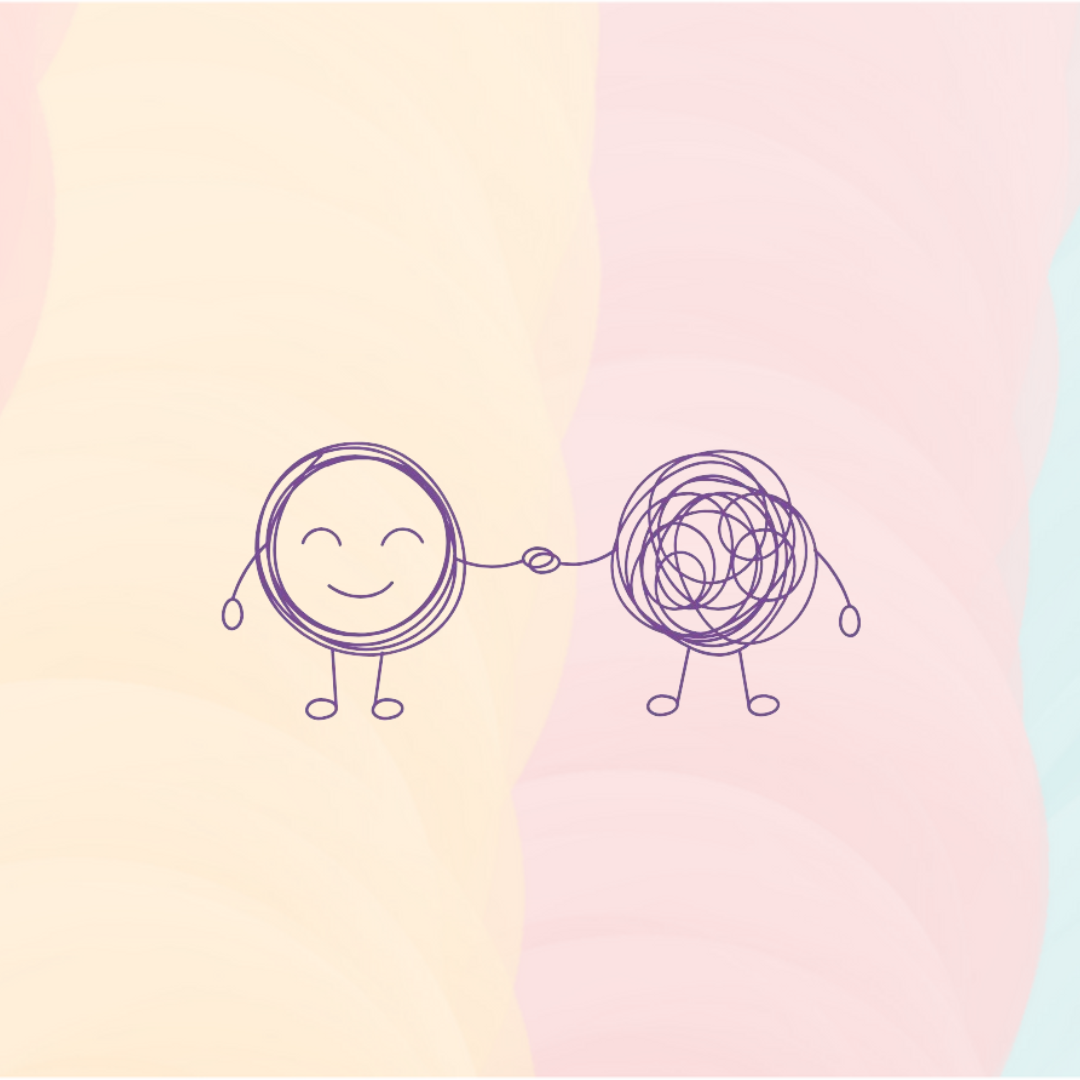 Logo psicologia e psicoterapia. In primo piano il disegno stilizzato di due teste che si tengono la mano; una a sinistra che sorride e una a destra scarabocchiata. Lo sfondo è di due colori che coprono due metà, quella di sinistra il colore chiaro, quella di destra il colore scuro.