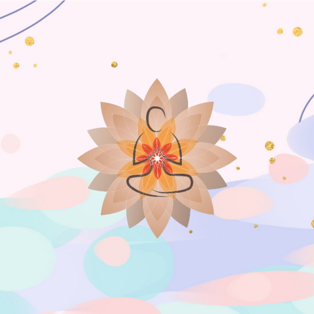 Logo per yoga. In primo piano si trova la sagoma di una persona seduta a gambe incrociate, e all'interno un fiore. In secondo piano si trova un fiore ancora più grande che include all'interno la sagoma. Lo sfondo è composto da una parte colorata a tinta unita e un'altra con dei cerchi e ovali multicolori.